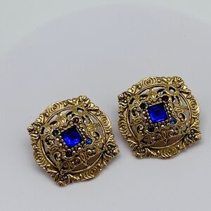 Vintage Large Gold Baroque Etruscan Geometric Filigree Earrings w/ Rhinestones